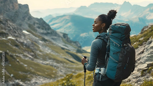 Fototapeta A black woman wearing hiking gear, confidently trekking up a mountain trail with a breathtaking view of the surrounding peaks and valleys