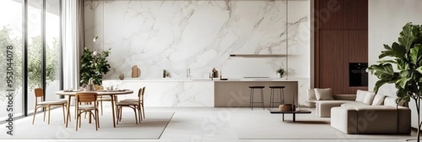 Fototapeta Modern living room and dining area with white marble wall cladding ai generative