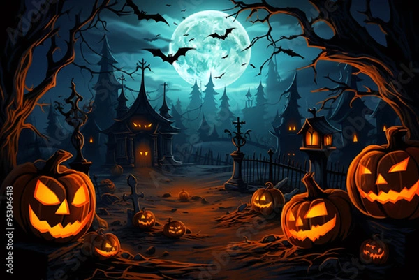 Obraz Haunted House with Pumpkins and Ghosts