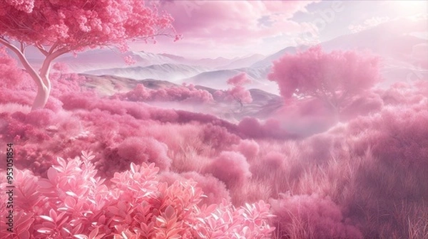 Fototapeta Enchanting pink landscape with lush vegetation and soft sunlight, creating a whimsical dreamscape