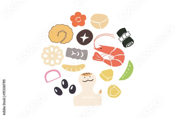 Fototapeta 巳年のシンプルでかわいい年賀状素材＿おせちとへびの丸型イラスト