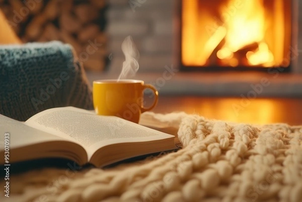 Fototapeta Cozy living room scene with a fireplace, a person reading a book under a warm blanket, soft lighting, and a hot cup of tea on a wooden coffee table, autumn vibes.