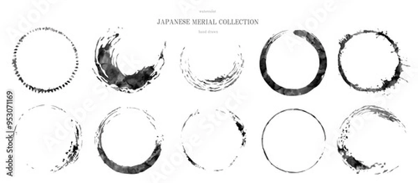 Fototapeta 筆, 筆丸, 円, 丸, 筆書き, 和風, ベクター, フレーム, 和, 和柄, 年賀状, 毛筆, 水彩, 水墨, イラスト