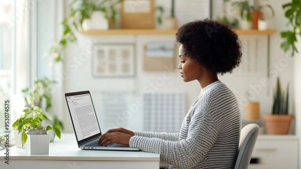 Fototapeta A wide shot of a laptop on a desk with an open email newsletter ready to be sent, cozy home office setting, soft natural light, shot with a Canon EOS-1D X Mark III, 28mm lens, warm and inviting tones,