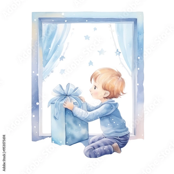 Fototapeta Adorable illustration of a young child sitting by a window holding a large gift box, fairy lights glowing in the background.