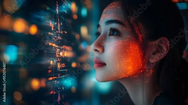 Fototapeta A high angle wide shot of a tech-savvy professional collaborating with a generative AI model in a futuristic office, glowing holographic displays, shot during twilight with a Fujifilm GFX 100S, vibran