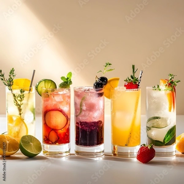 Fototapeta Minimalist bar serving a variety of delicious non-alcoholic mocktails 16:9
