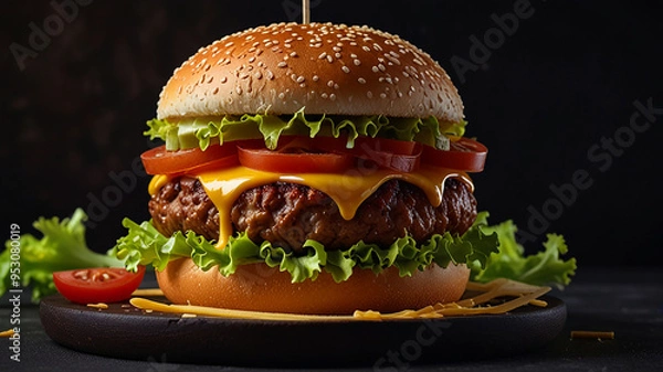 Fototapeta Big Burger With A Meat Patty, Cheese, Tomatoes, Lettuce, And Sauce Of Soft Orange-yellow Color Isolated On A Dark Background