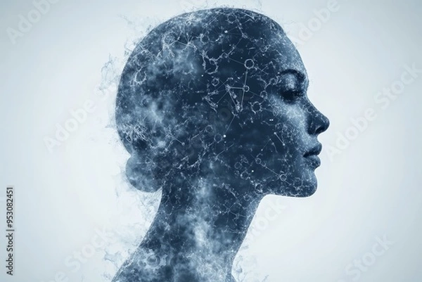 Obraz Silhouette of a woman made of particles symbolizing the transient nature of thought and emotion and the dissolution of cognitive processes in the human mind