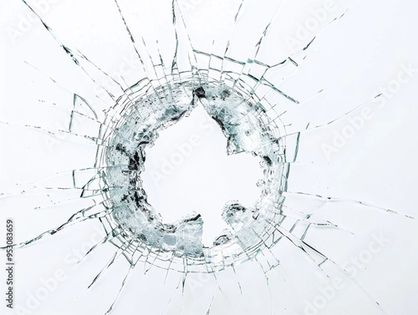 Obraz Cracked Glass with Hole in the Middle Isolated on White Background: