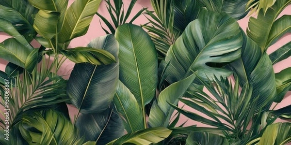 Fototapeta A close up view of a vivid and striking display of luxuriant tropical leaves adorning a pink and green backdrop.