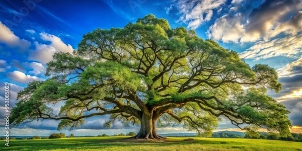 Fototapeta Tall majestic oak tree with gnarled branches, sprawling canopy, bright blue sky with a few white clouds, sense of strength and stability, late afternoon sun, a realistic photo image.