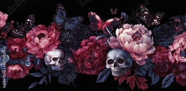 Obraz An image with a deep, rich color scheme that combines peonies, butterflies, and skulls to create a distinctive, almost gothic look.