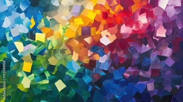 Fototapeta A colorful painting with a rainbow and squares of different colors. The painting is abstract and has a vibrant, energetic feel to it