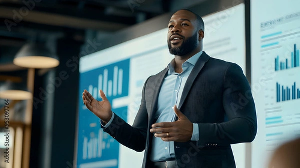 Fototapeta A black entrepreneur standing confidently on stage, giving a presentation to an audience at a business conference