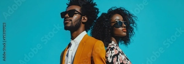 Obraz Stylish Black African American couple standing confidently against a vibrant blue background, exuding elegance and connection. A striking portrayal of unity, fashion, and individuality.
