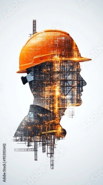 Obraz Double exposure of a male engineer with a construction site silhouette, representing planning, architecture, and development.