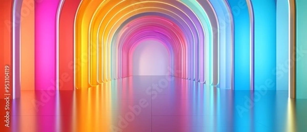 Obraz Vibrant, colorful modern art installation with a series of illuminated arches creating a rainbow tunnel effect, reflecting on polished surfaces.