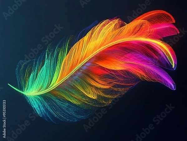 Fototapeta Colorful feather isolated on dark background.  illustration
