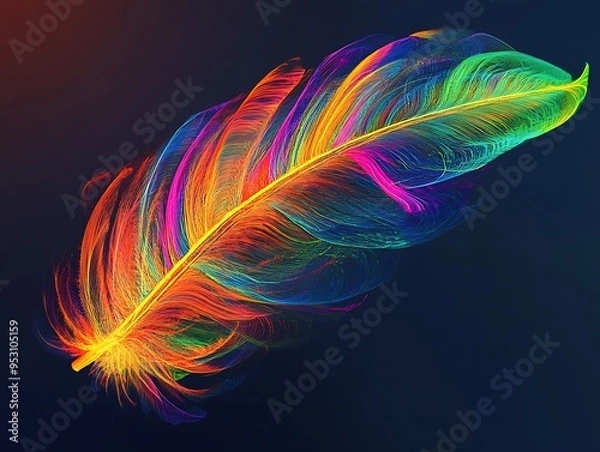 Fototapeta Colorful feather isolated on dark background.  illustration