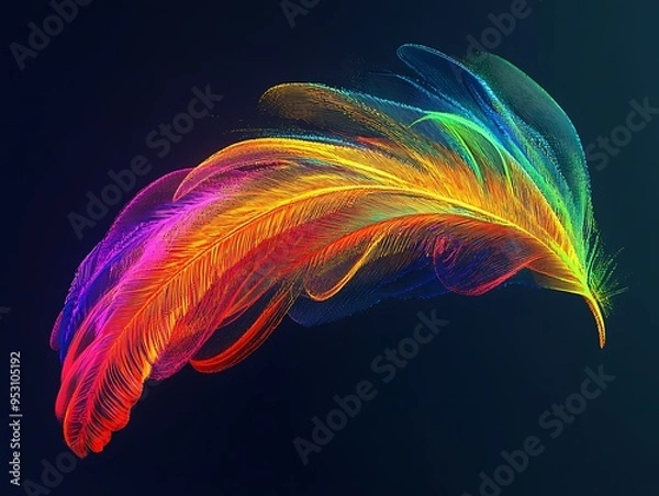 Fototapeta Colorful feather isolated on dark background.  illustration