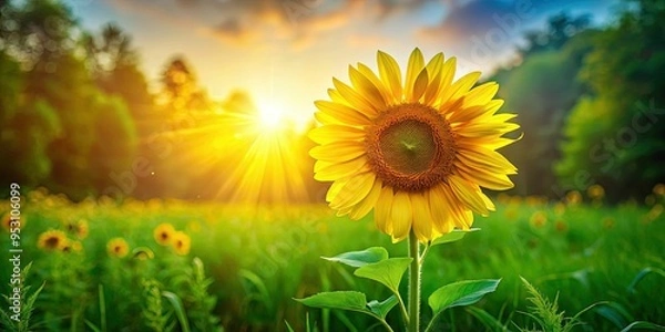 Fototapeta A bright canary yellow sunflower blooms in a lush green meadow, captured from a low angle, warm natural light, evoking feelings of joy, a realistic photo image.