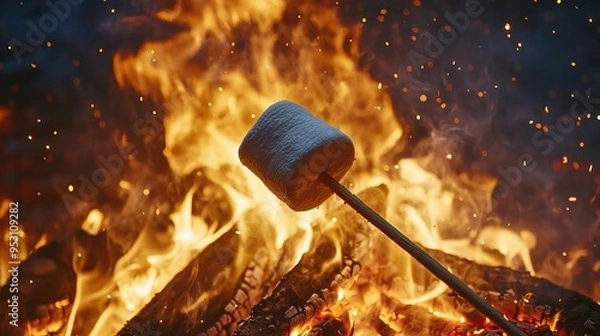 Obraz Marshmallow roasting over campfire with sparks flying under starry night sky showcasing outdoor adventure and camping concept