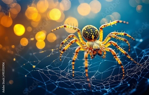 Fototapeta A vibrant golden spider on a web against a bokeh backdrop