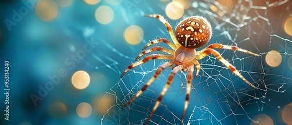 Fototapeta A vibrant golden spider on a web against a bokeh backdrop