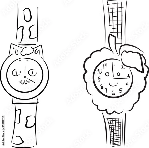Obraz vector illustration of children's clock with hands, cat and raspberry style, cute design, drawn in line art style. Icon for packaging. stickers, labels.