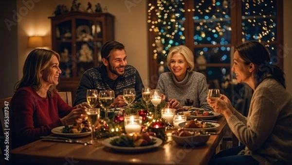 Fototapeta  Photo of full family gathering sitting around dinner table communicating x-mas party tradition all together 