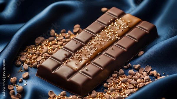 Obraz A captivating image of a caramel-filled chocolate bar, with a glossy, dark chocolate exterior.