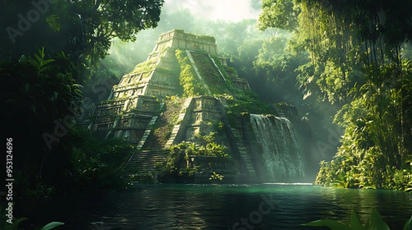 Fototapeta A hyper-realistic image of ancient Aztec civilization ruins, hidden deep within a lush, dense jungle