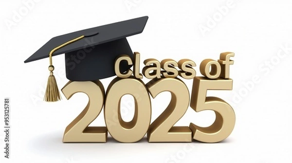 Fototapeta 3D render of class of 2025 with graduation cap on white