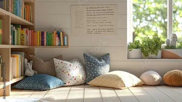 Fototapeta A cozy, inviting child reading corner with pillows and books, with space for text on the wall or floor.