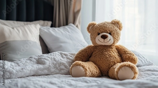 Obraz A soft, plush teddy bear sitting on a child bed, surrounded by pillows. Ample space for text on the bedspread.