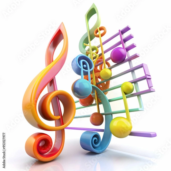 Fototapeta a 3d staff with colorful musical notes on white background