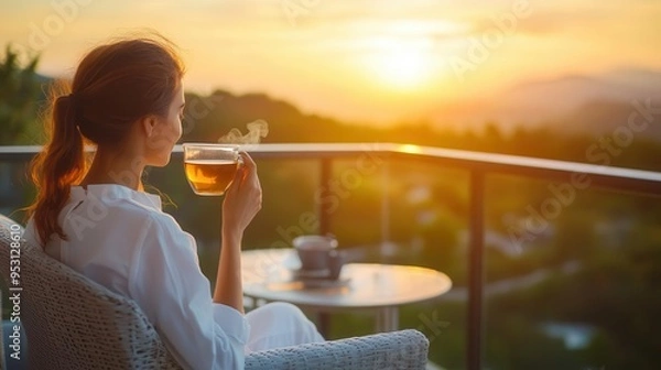 Fototapeta A serene moment of relaxation as a person enjoys tea on a balcony during a beautiful sunset.