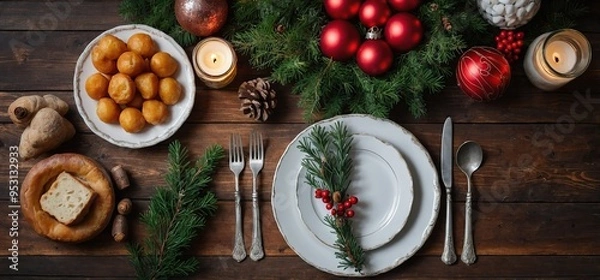 Fototapeta Top view background of beautiful Christmas table with delicious homemade food decorated with fir branches, copy space