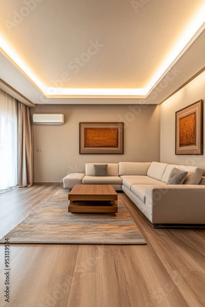 Fototapeta Modern minimalist living room interior with futuristic led lighting