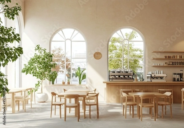 Fototapeta Modern minimalist-style cafe interior design with light wood and white colors․