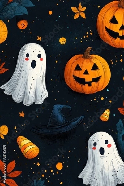 Obraz Cute Happy Halloween Seamless Pattern with Playful Ghosts, Pumpkins, and Candy Corn