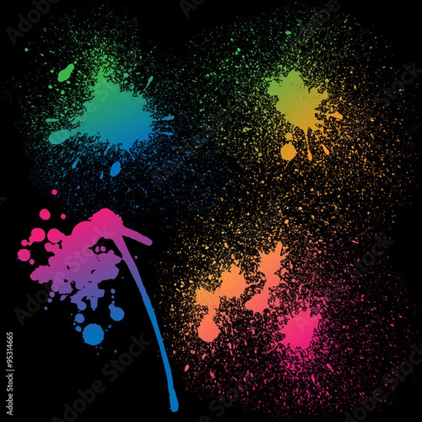 Fototapeta Set of 4 isolated colorful gradient rainbow grunge paint splashes on black background