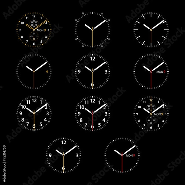 Fototapeta Set of 11 modern smart watches white round dials on black background