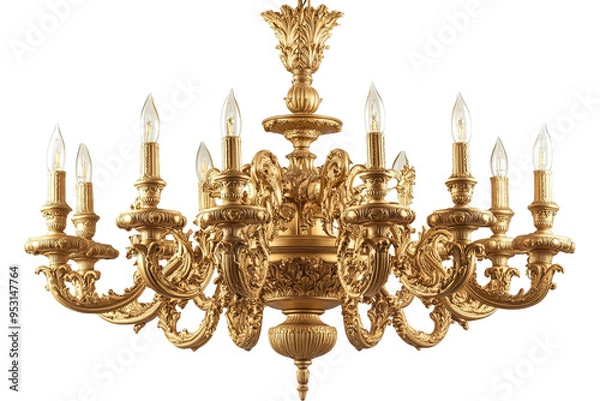 Fototapeta A large, ornate, gold chandelier with multiple candle-style bulbs, hanging against a white transparent background.