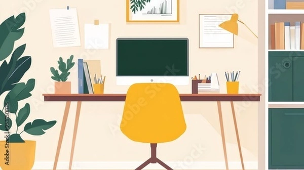 Fototapeta professional workspace with a modern desk setup, including a desktop computer, office supplies, and a stylish chair.