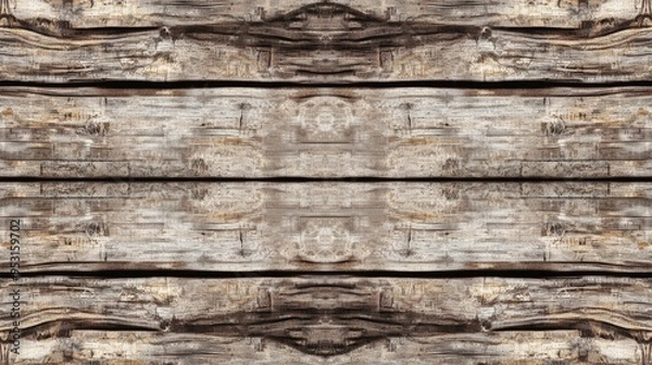 Fototapeta A traditional North American wallpaper with a repeating pattern of rustic wood planks in shades of weathered brown and gray. The design forms a symmetrical border around a large central area left