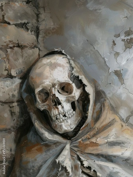 Fototapeta Grim skeleton in a cape, with a dark grunge background, shown in a cartoon style with a focus on the skull, teeth, and horror details.