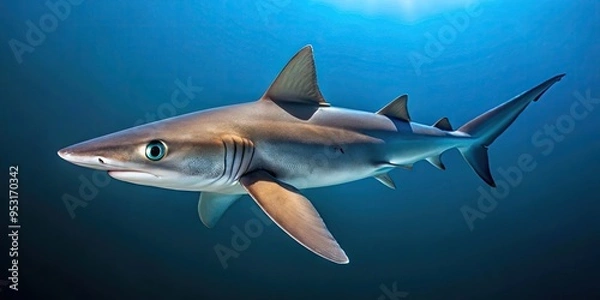 Fototapeta Close-up of a Spiny Dogfish, a small, brownish-gray shark with a distinctive spiny dorsal fin and pointed snout, swimming in a dark blue ocean.