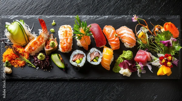 Fototapeta A delectable food spread on a dark slate surface, showcasing a gourmet selection of sushi, fresh seafood, and vibrant vegetables, artfully arranged with attention to detail and color,